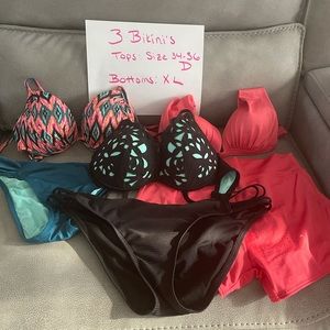 Lot of 4 bikinis. Tops are 36D, Bottoms are XL